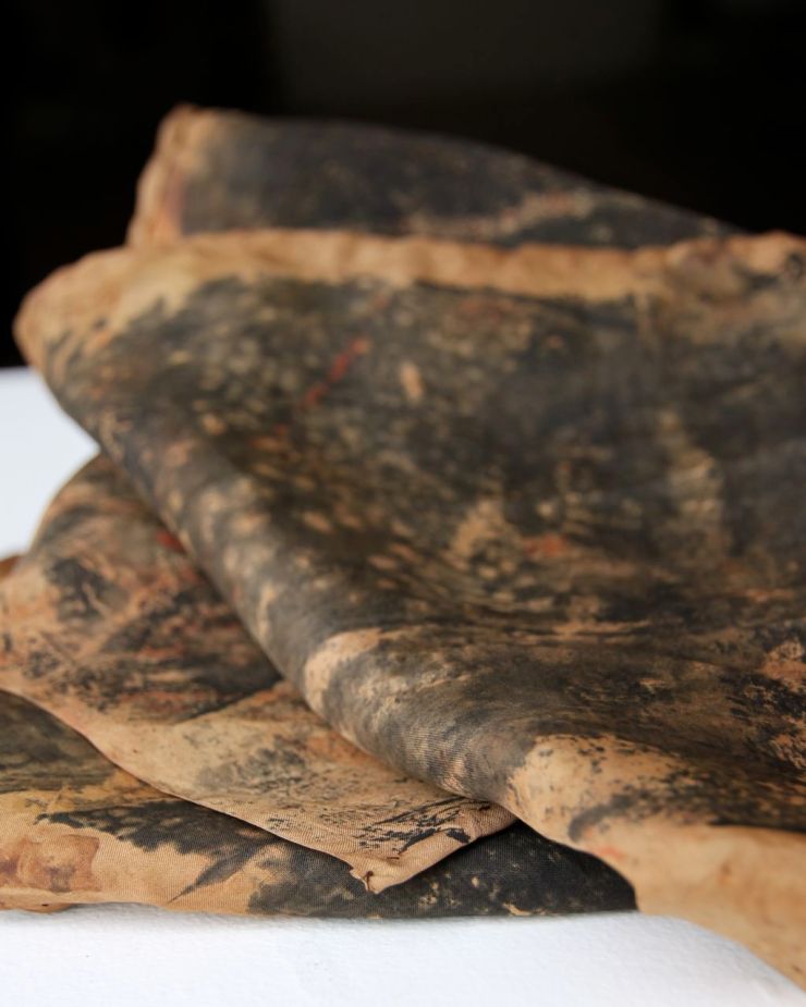 Jane Frost, silk dyed scarf using eucalyptus leaves overprinted with black dye